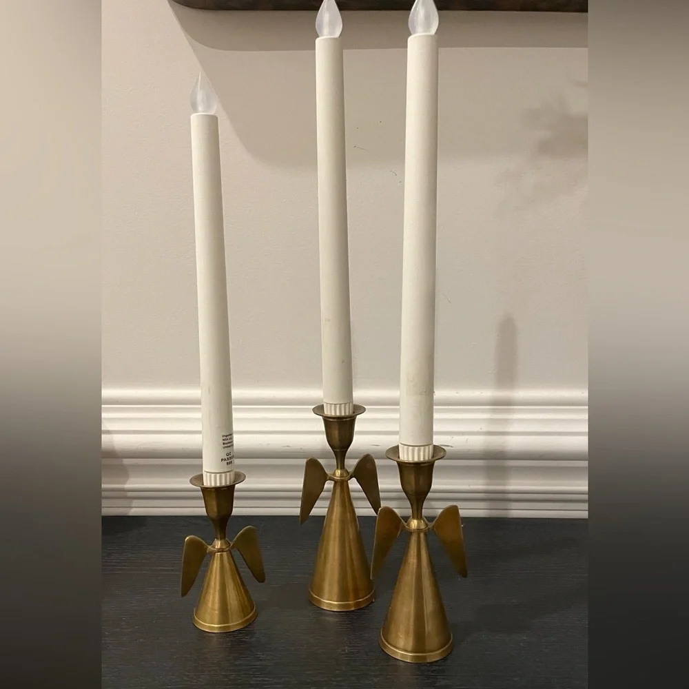 Set Of 3 Mid Century Brass Angel Wing Candle Holder Christmas MCM Taper